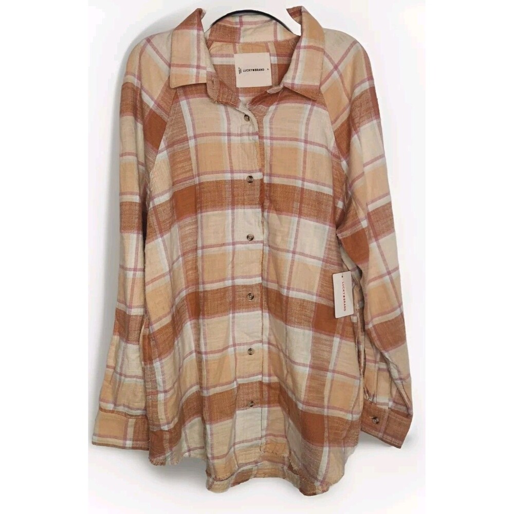 Lucky Brand Women S Plaid Flannel Shirt Cropped Frayed Fringe Hem Button Up NWT
